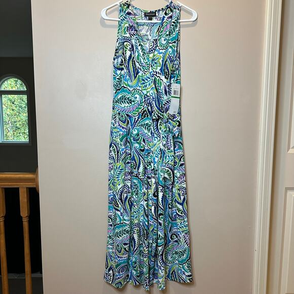 NWT Nina Leonard Green Multi Print Surplice Wide Leg Crop Jumpsuit Womens Large - Picture 2 of 12